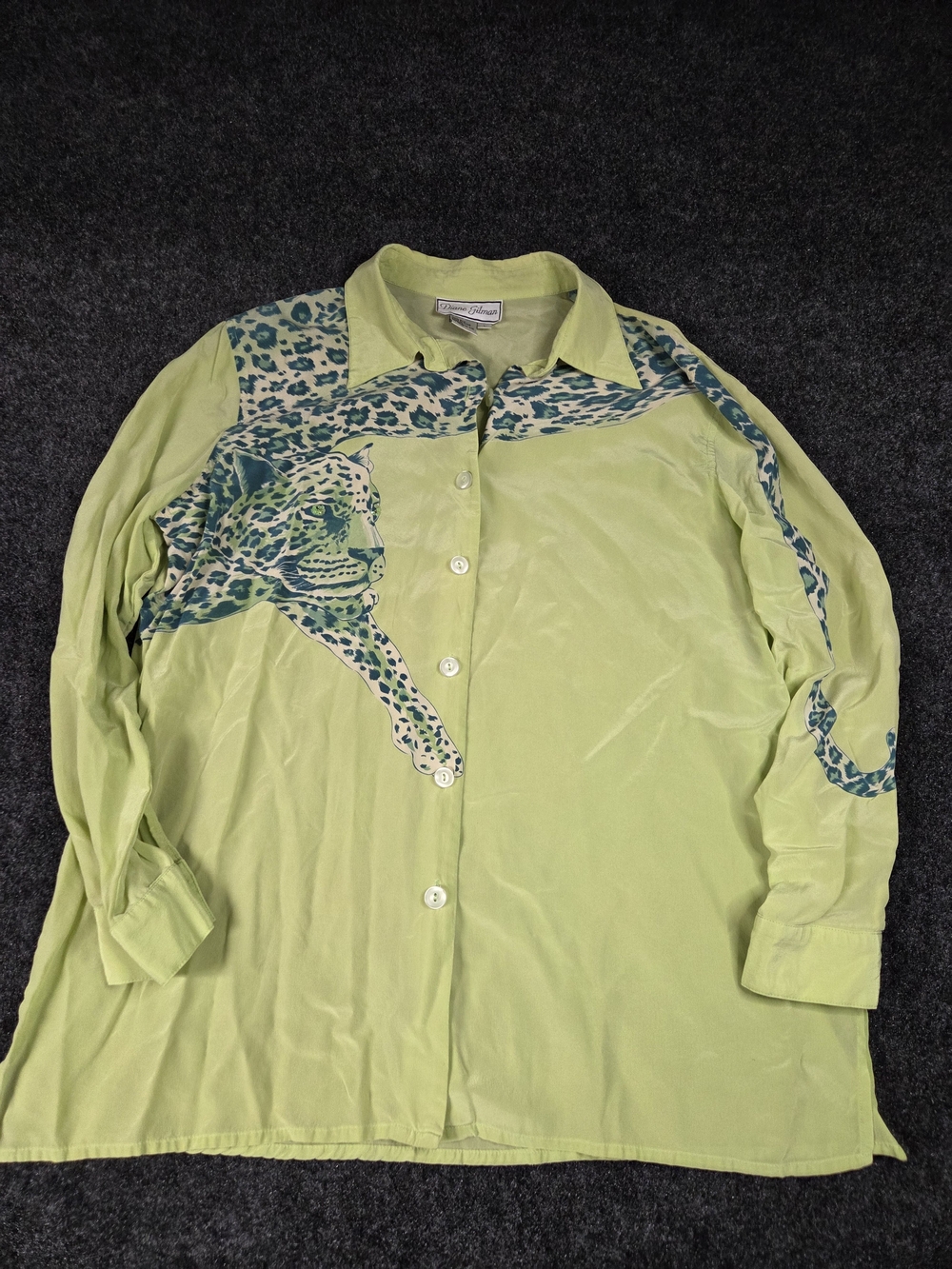 Vintage Diane Gilman 100% Silk Leopard Blouse L Sequin Animal Print Green Y2K